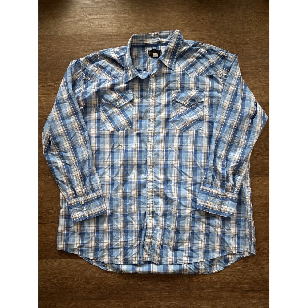 VTG High Noon Plaid Western Shirt Pearl Snaps | XL Tall | Blue 💙 White 🤍 Plaid